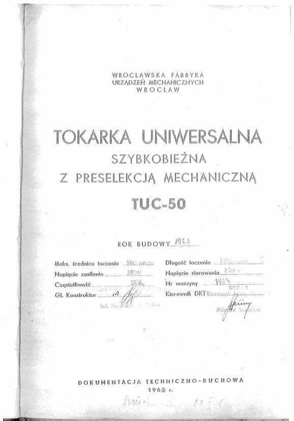 Tokarka TUC 50 Dokumentacja Techniczno-Ruchowa
