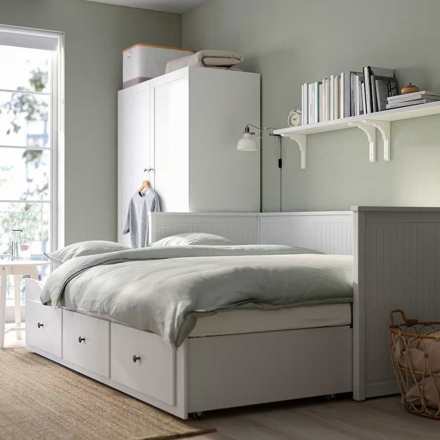 HEMNES - Cama individual/dupla com 3 gavetas, de cor branca