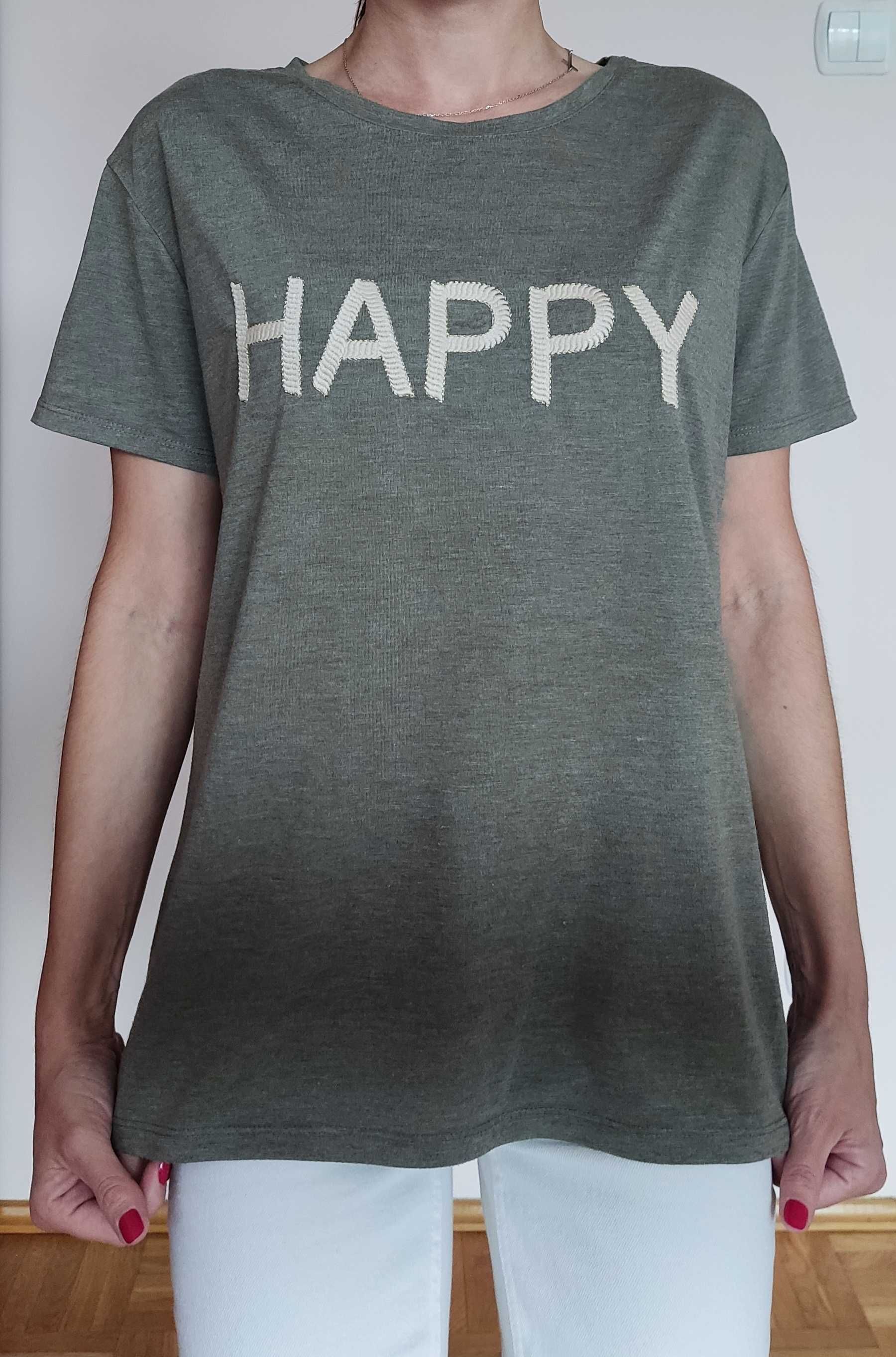 T-shirt z krótkim rękawem z napisem Happy, Papaya rozmiar L