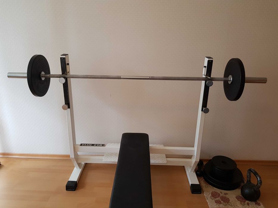 Скамейка для жима лёжа + штанга с дисками VASIL GYM