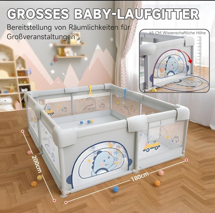 Duży składany kojec COMOMY dla niemowląt 180 x 200 x 66 cm