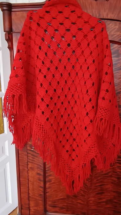 Chusta szydełkowa czerwona z brokatową nitką, vintage, handmade