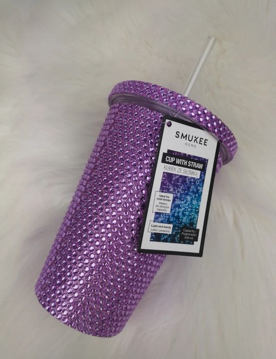 Błyszczący fioletowy kubek ze słomką duży kubek 450 ml nowy z metką