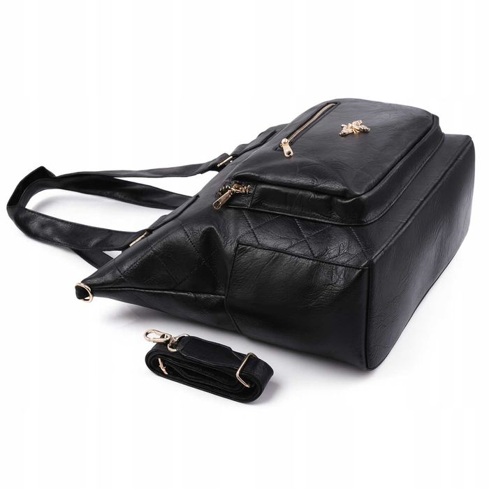 Torebka Damska Shopper Czarna Pikowana Pszczółka Elegancka Miejska A4