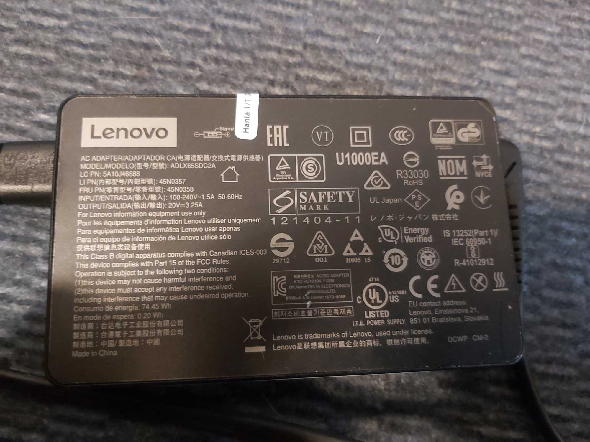 ORYGINALNY zasilacz LENOVO nowoczesny plaski 65W 20V 3.25 kostka żółta