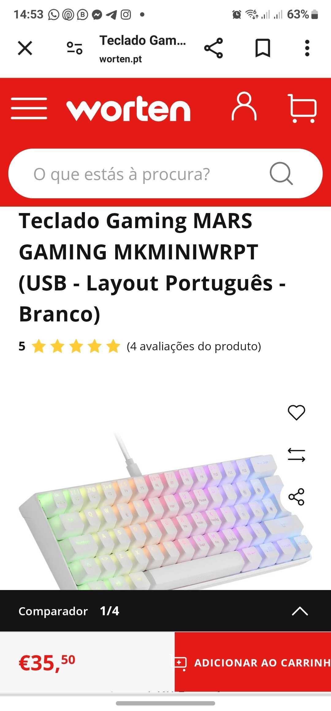 Teclado Gaming MARS GAMING (USB - Layout Português - Branco)