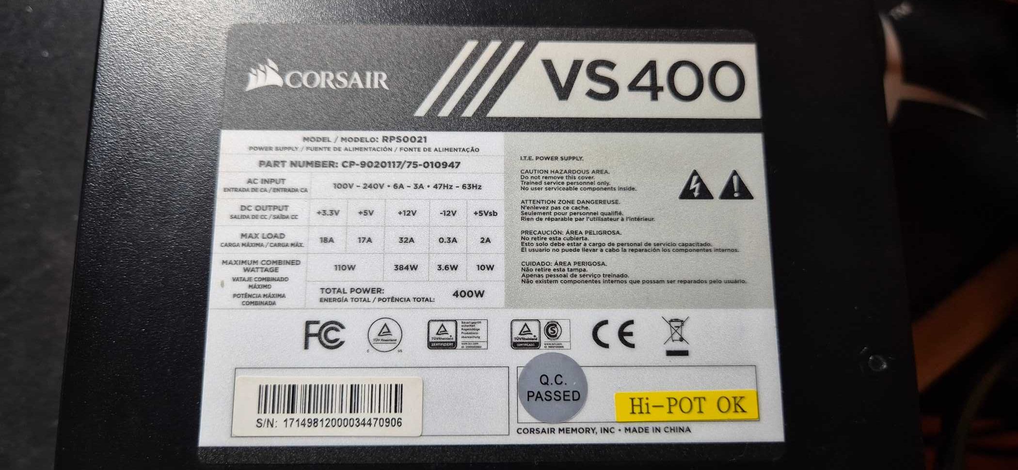 Fonte Corsair VS Series VS400 PSU 80+ PLUS