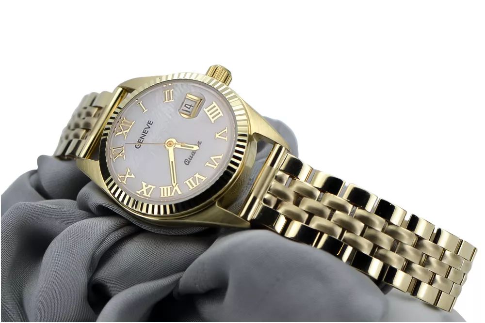 Złoty zegarek damski 14k Geneve z perłową tarczą lw020ydpr&lbw008y K