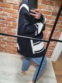 Gruby granatowy sweter oversize pasy wzory 90s vintage