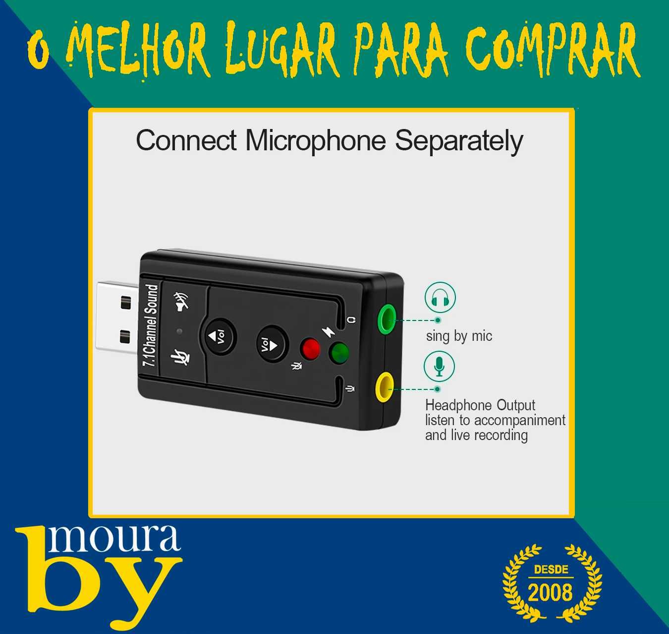 placa de som 3d microfone adaptador de áudio 7.1 usb externo estéreo