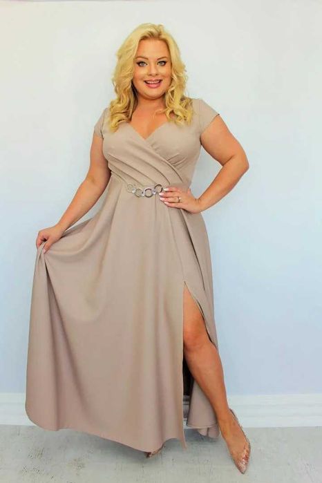 Beżowa sukienka z ozdobą długa wieczorowa 44 46 nowa cena!
