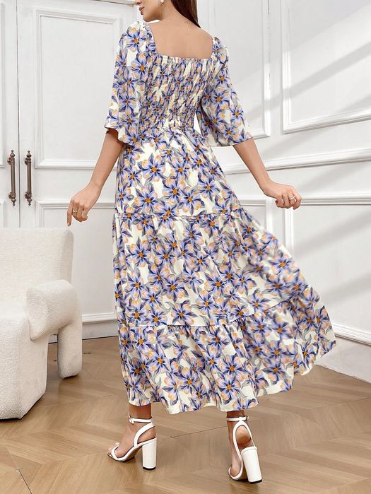 Sukienka Maxi Boho W Kwiaty Rozkloszowana Elastyczny Dekolt Shein L 40