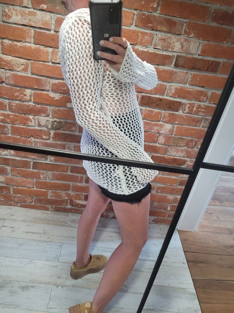 Biały lniany ażurowy sweter boho H&M