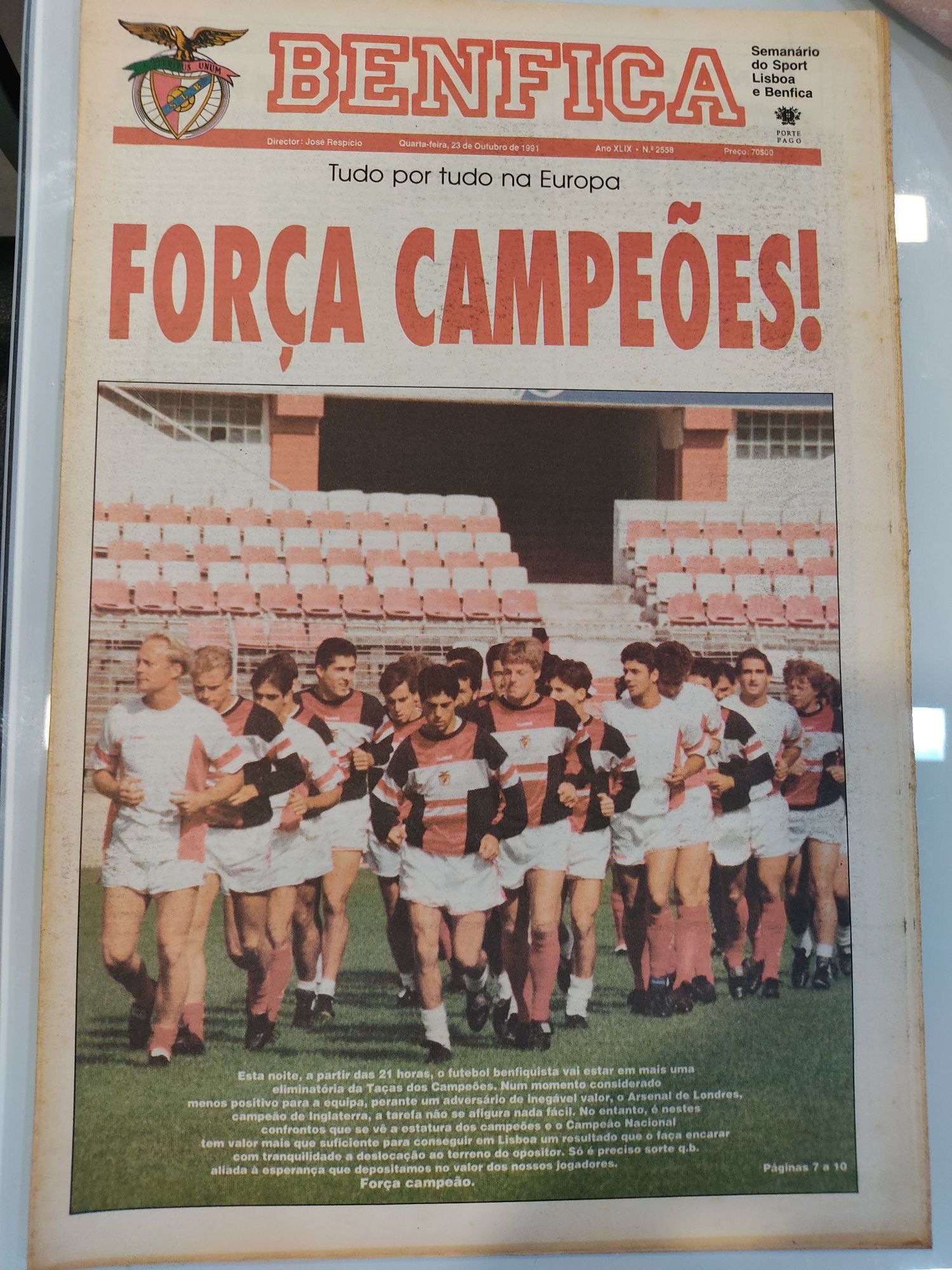 Jornal Benfica sobre jogo com Arsenal taça campeões 1991/92