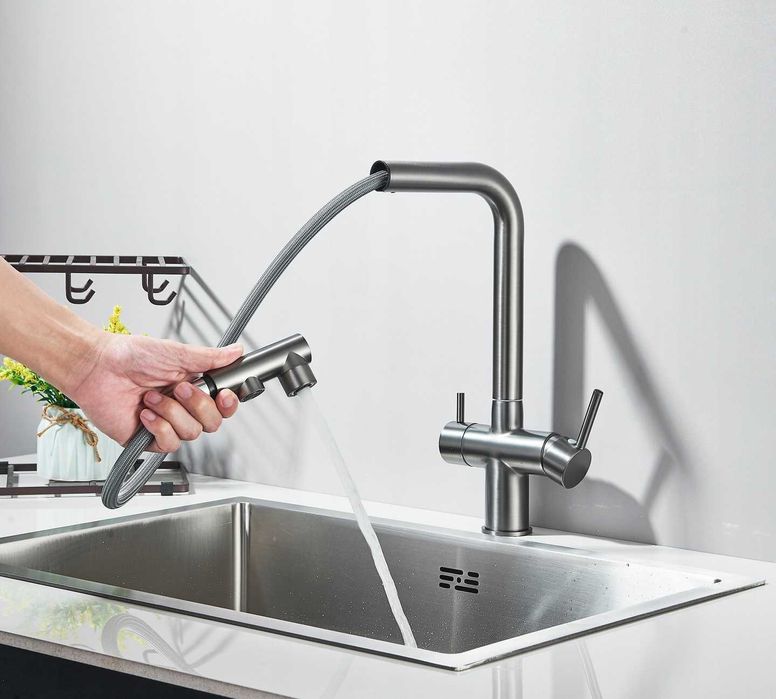 INOX BATERIA trójdrożna do filtra wody STAL NIERDZEWNA z wylewką