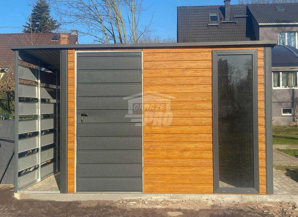 Schowek - domek ogrodowy 3,5x3m + wiata 0,7m - drzwi okno dachł GP607