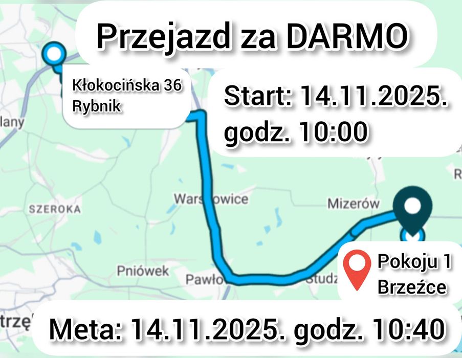 Przejazd za DARMO Rybnik - Brzeźce o 10:00, dnia 14.11.2025.