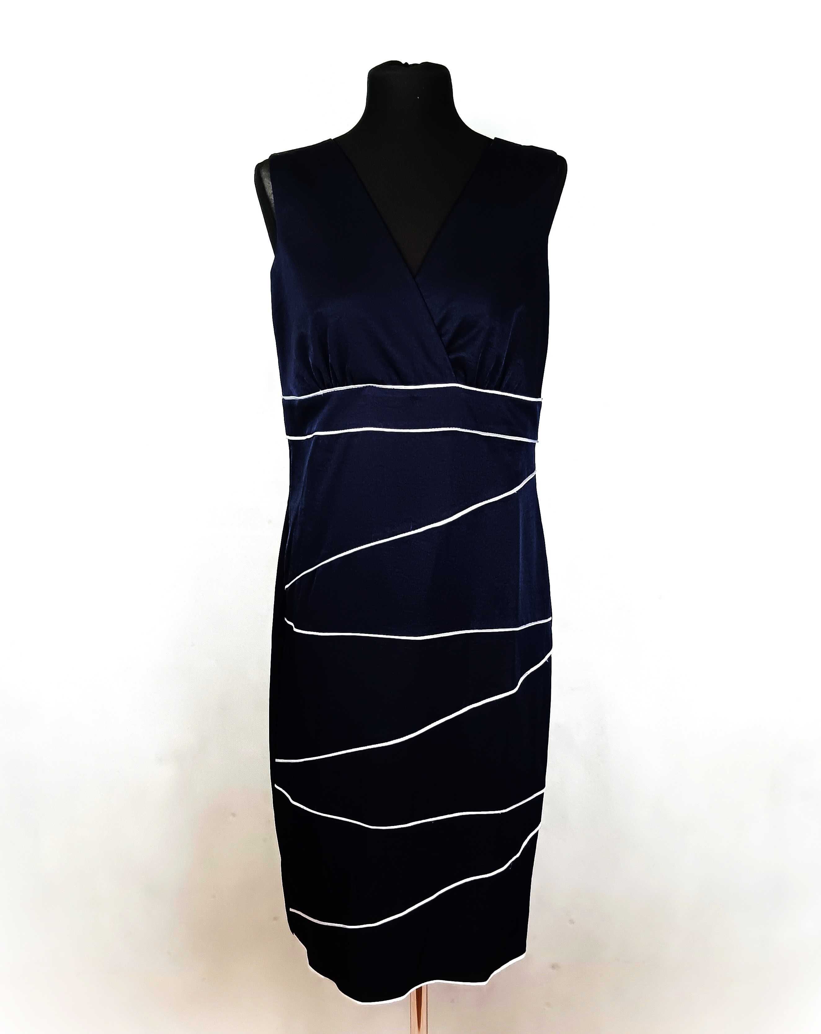 Ciemno granatowa elegancka sukienka bez rękawów Midi Rozmiar L/40