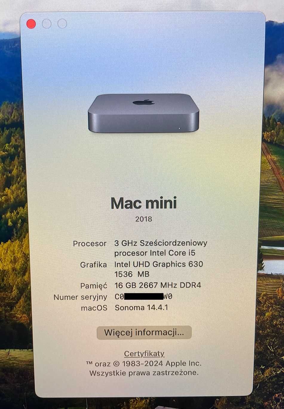 Mac Mini 2018, i5, 16GB RAM, 250GB SSD, klawiatura i myszka