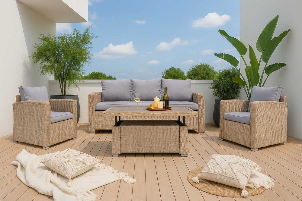 Zestaw Mebli Ogrodowych z Regulowanym Stołem Technorattan Beż Słomka