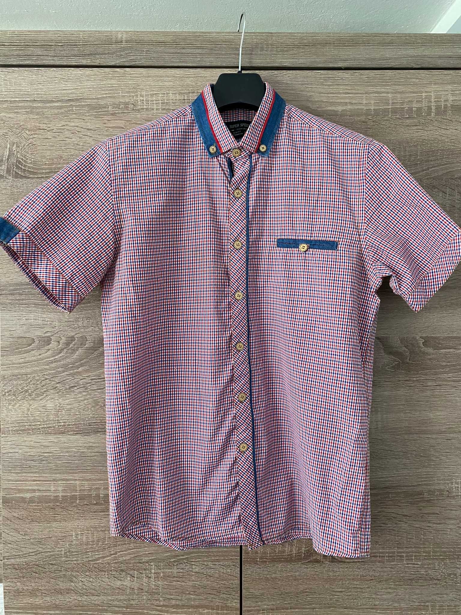 Elegancka koszula w kratę kratkę męska bawełniana krótki rękaw M