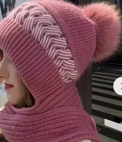 Nowy cieplutki komplet zimowy piękny fuksja czapka + szalik