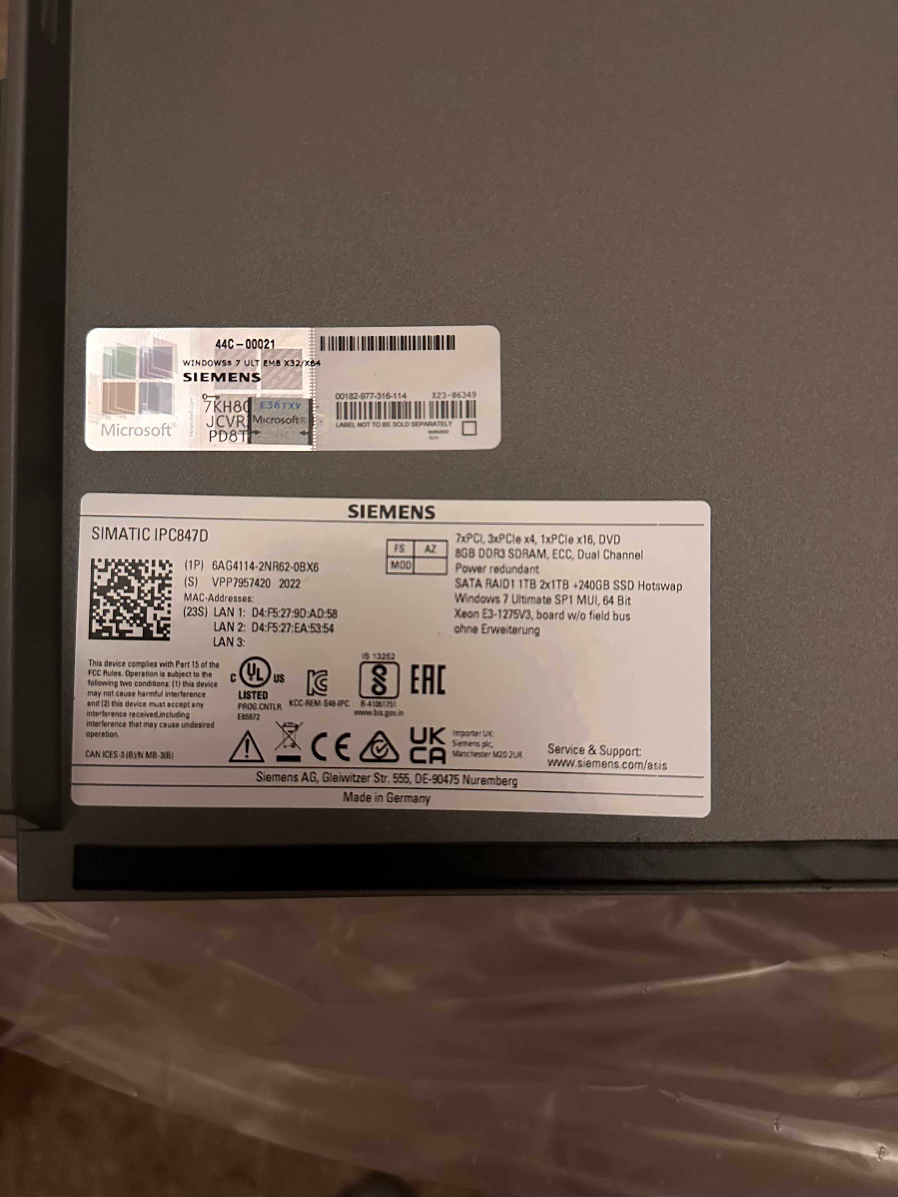 Siemens SIMATIC IPC847D Промисловий комп'ютер
6AG4114-2NR62-0BX6