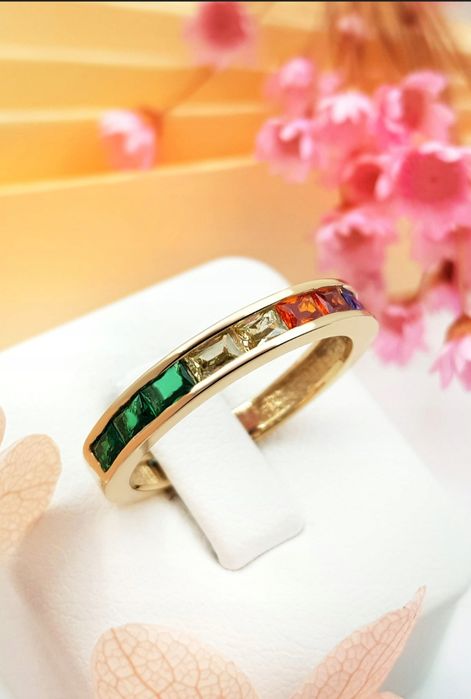 Złota obrączka, kolorowe cyrkonie, pr 585, r. 14