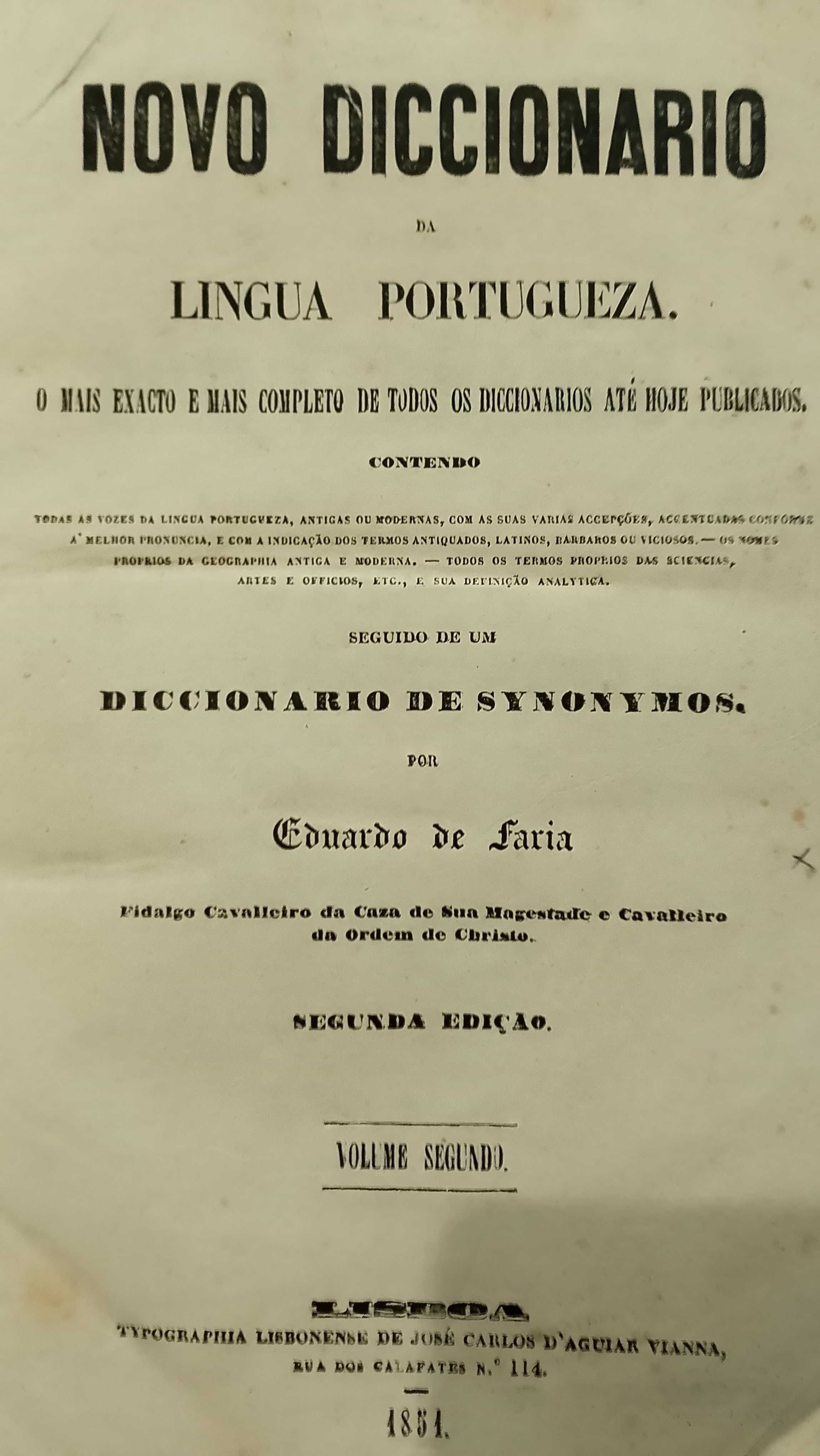 Dicionário 1851 Eduardo de Faria 2º Volume