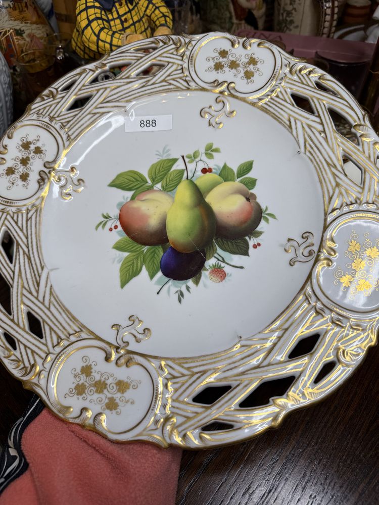 Ciężka patera talerz stara antyk złote malowanie owoce vintage 888