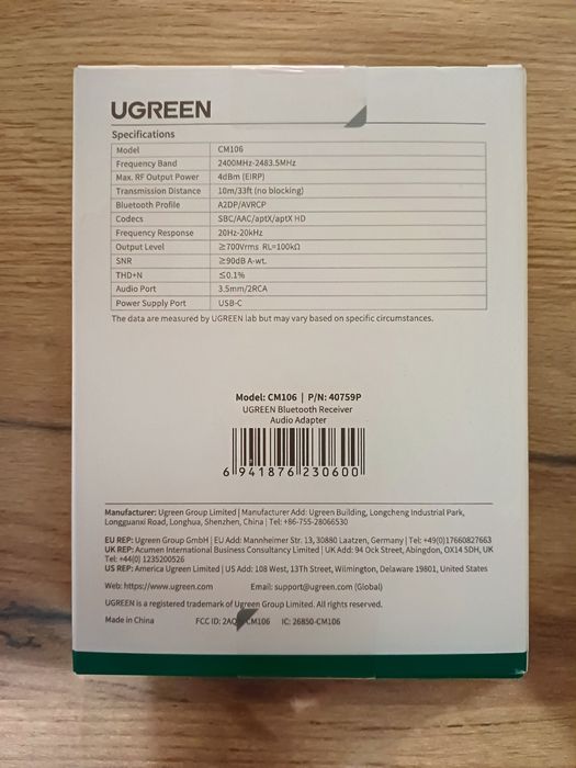 Bluetooth-адаптер UGREEN CM106 Wireless Bluetooth Audio Receiver 5.1