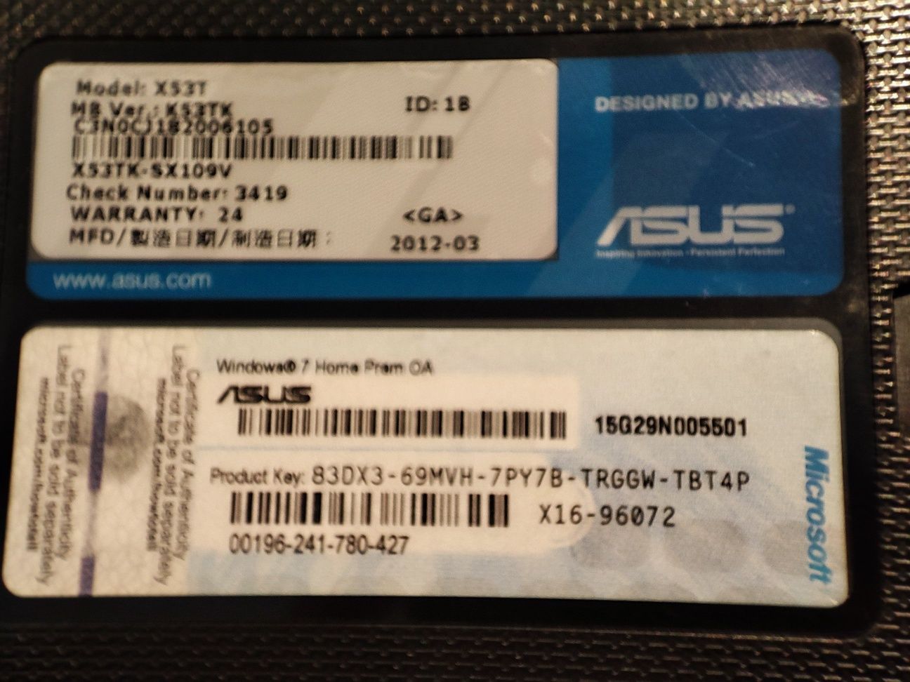 Laptop Asus model X53T