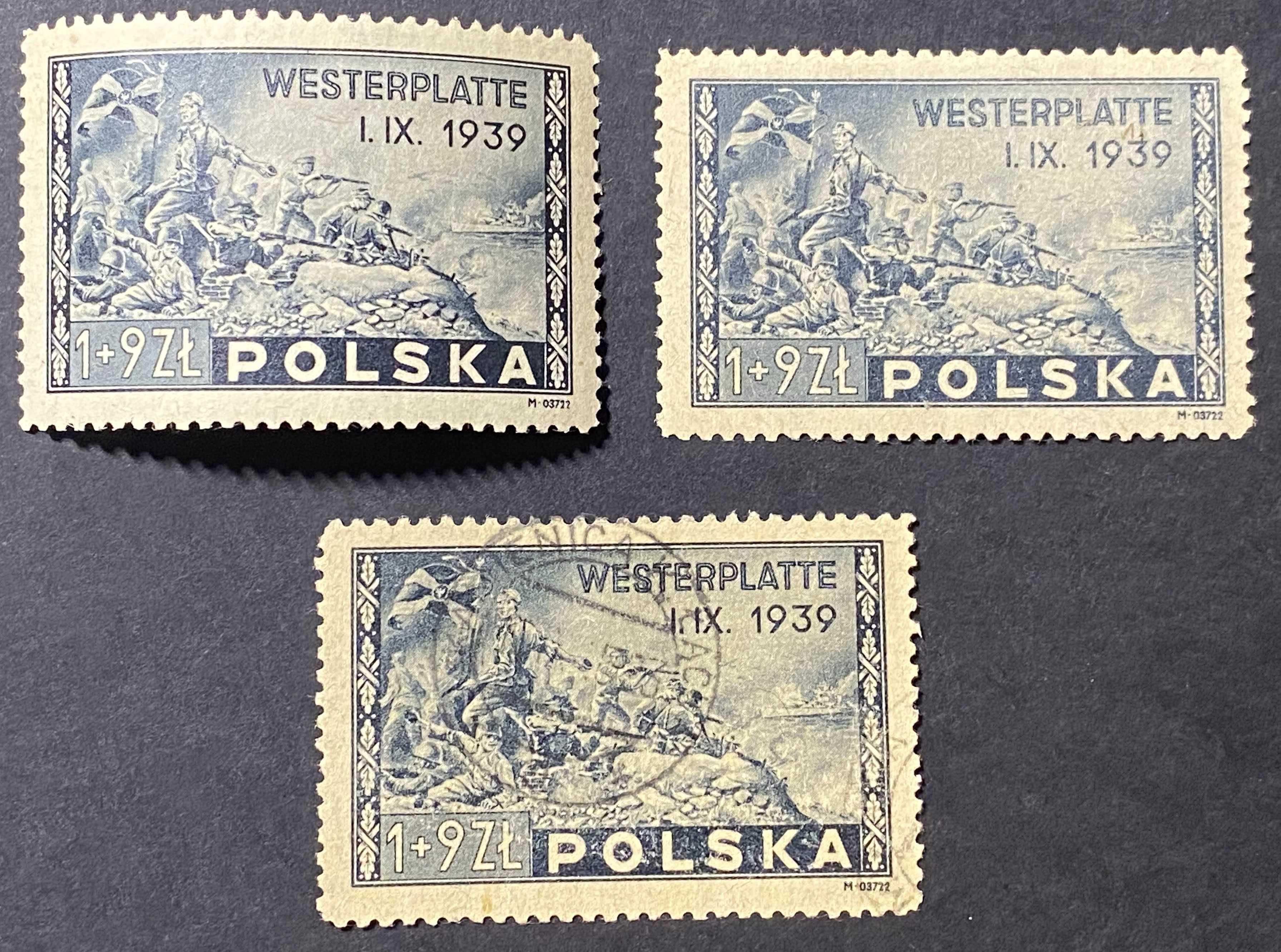 Znaczki Polska Fi 374 Komplet 3 szt Westerplatte 1945r