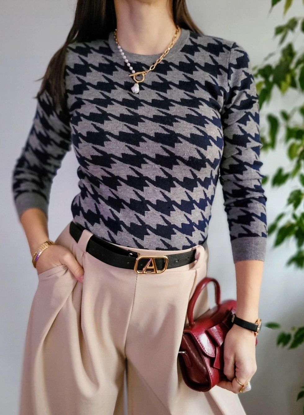 Szary sweter damski z wełną w pepitkę elegancki klasyczny premium Gap