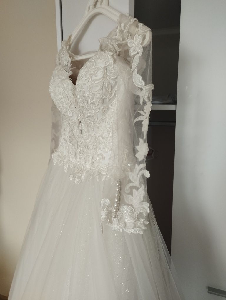 Suknia ślubna 38/40 biała koronka perła NOWA bride dress luxuary ślub