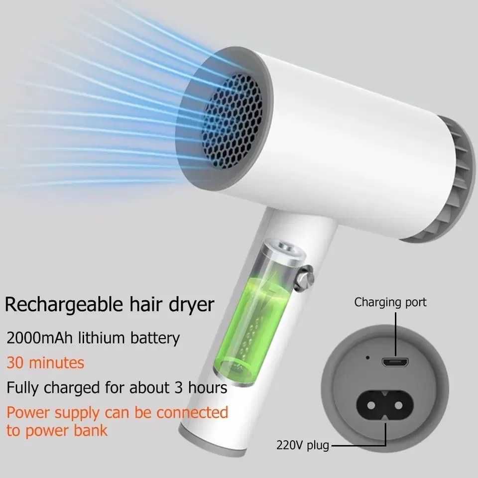 Беспроводной фен для волос на аккумуляторе. Работает без електричества