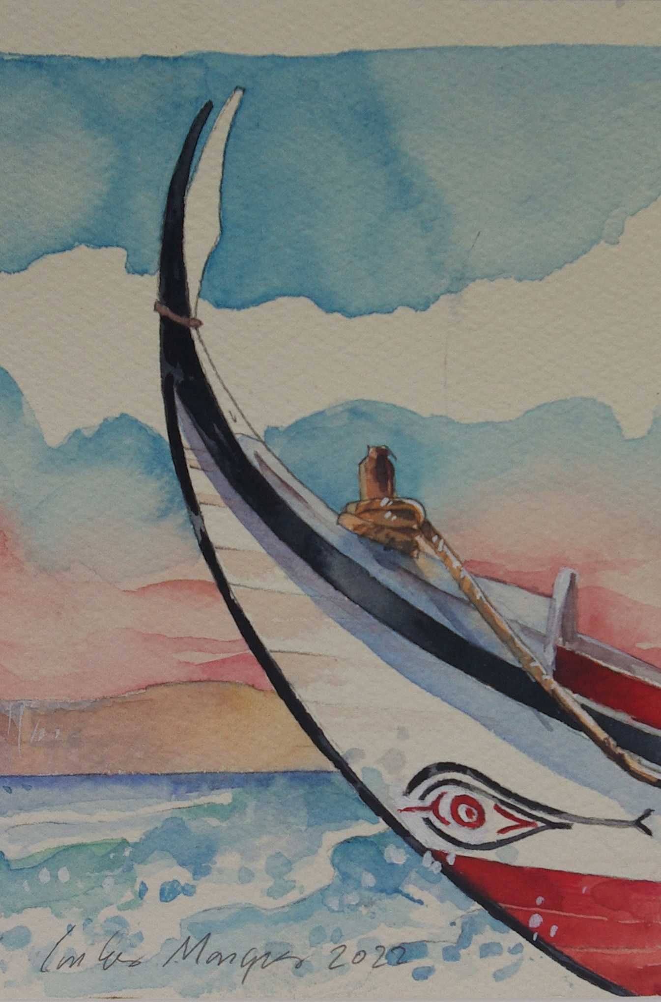 Costa de Caparica, Proa de barco  pesca.  Aguarela de Carlos Marques.