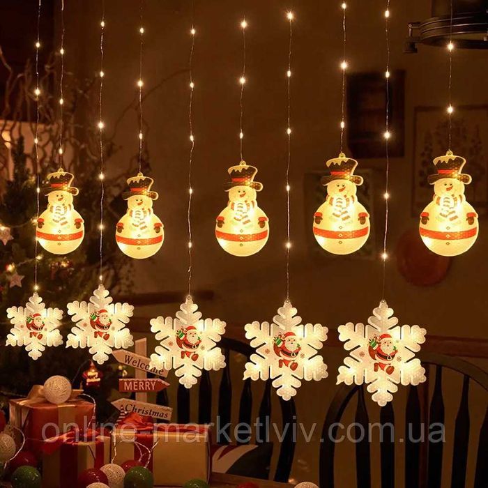 Гирлянда-штора фигурки 3D снеговика и снежинки Теплый Белый 3м*0.7см