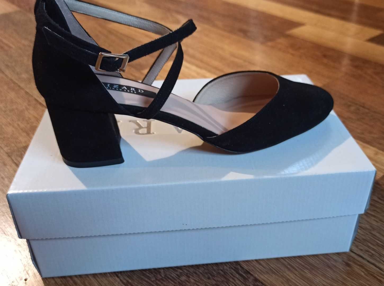 Czółenka buty na obcasie słupku. Czarne Modne paski skóra zamsz! Gwar