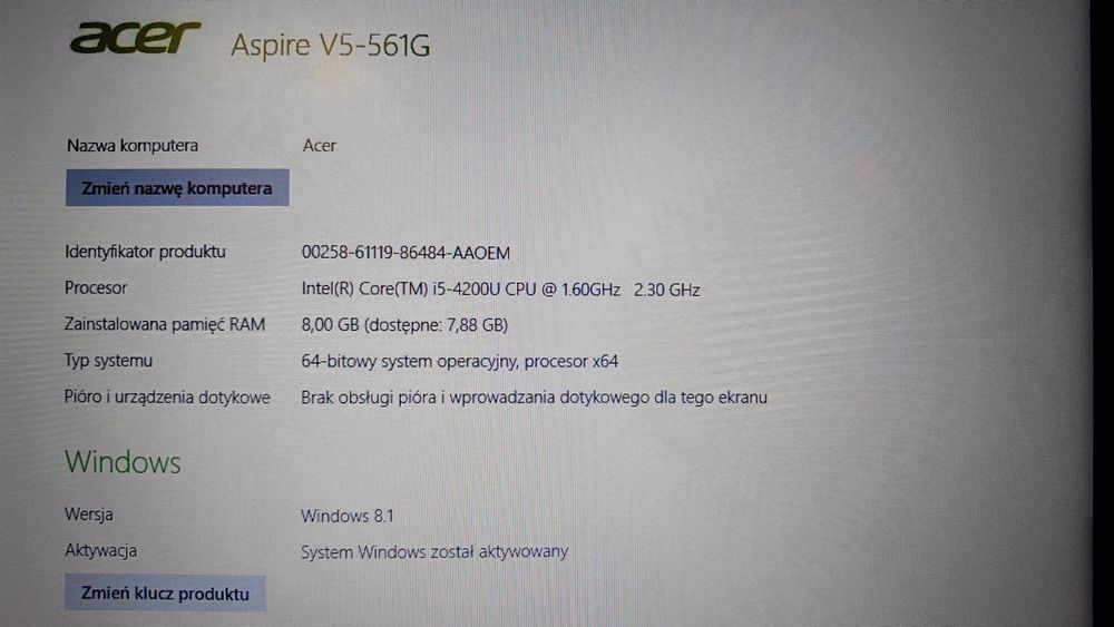 Laptop Acer Aspire V5-561G Intel Core i5 8 GB RAM dysk 450 GB nap. DVD