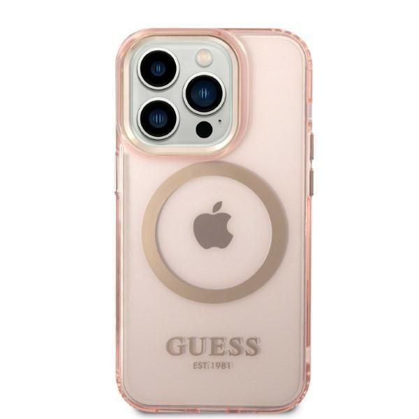 Guess Etui iPhone 14 Pro Różowy Gold Outline Translucent MagSafe