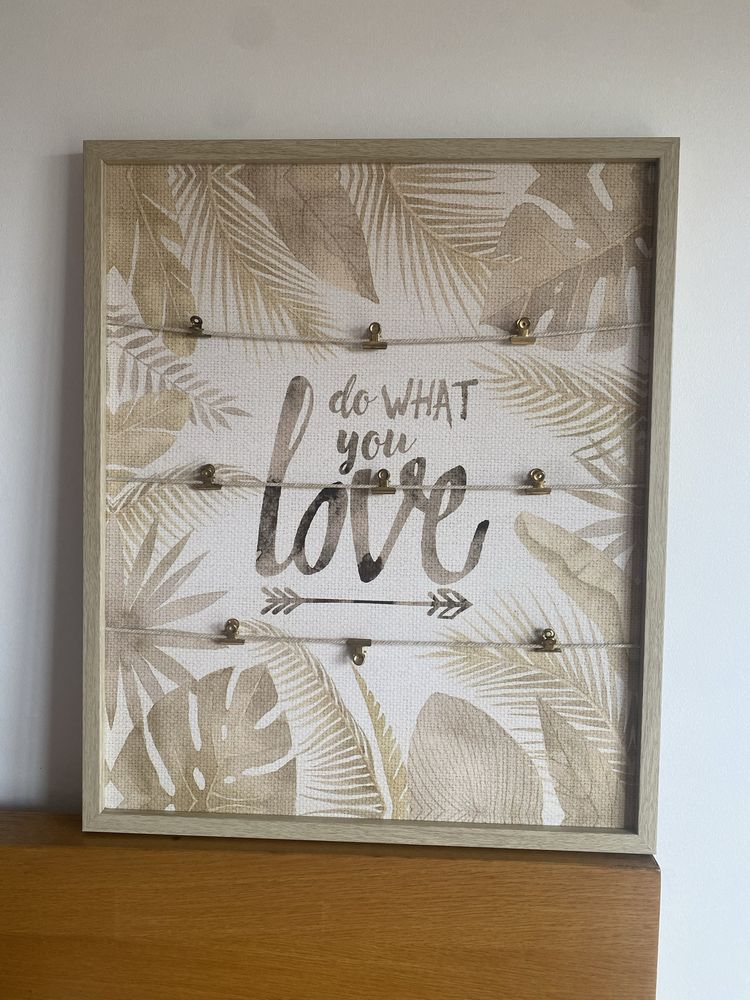 Quadro porta fotos com molas “do what you love” plantas beje