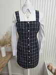 Sukienka New Look guziki krata pinafore 38 M granatowa bdb ogrodniczki