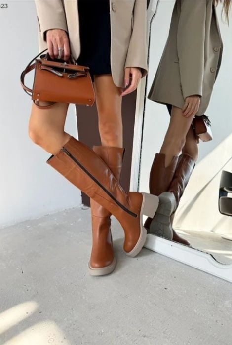 Високі чоботи карамель натуральна шкіра зимові