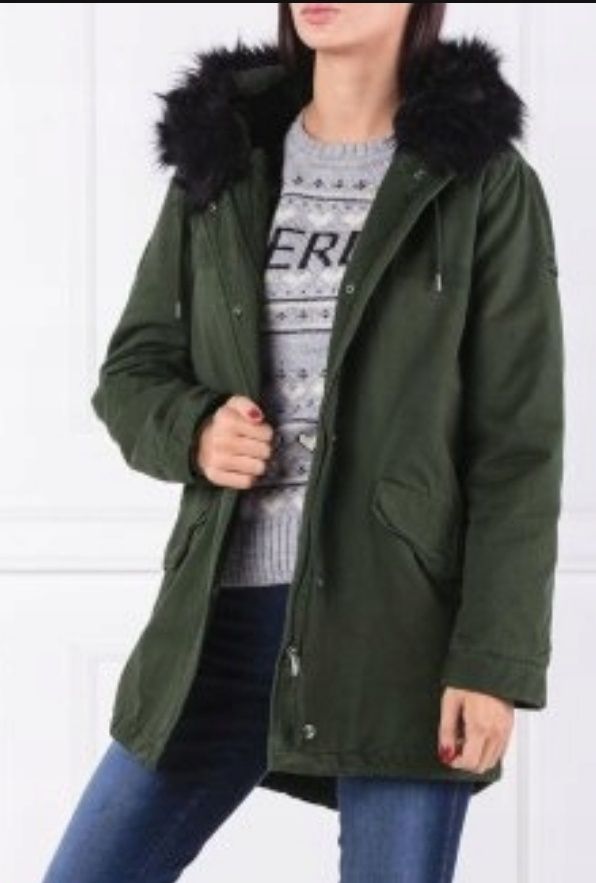 SUPERDRY parka z futrem 36 38 S M futerko z kapturem khaki militarna