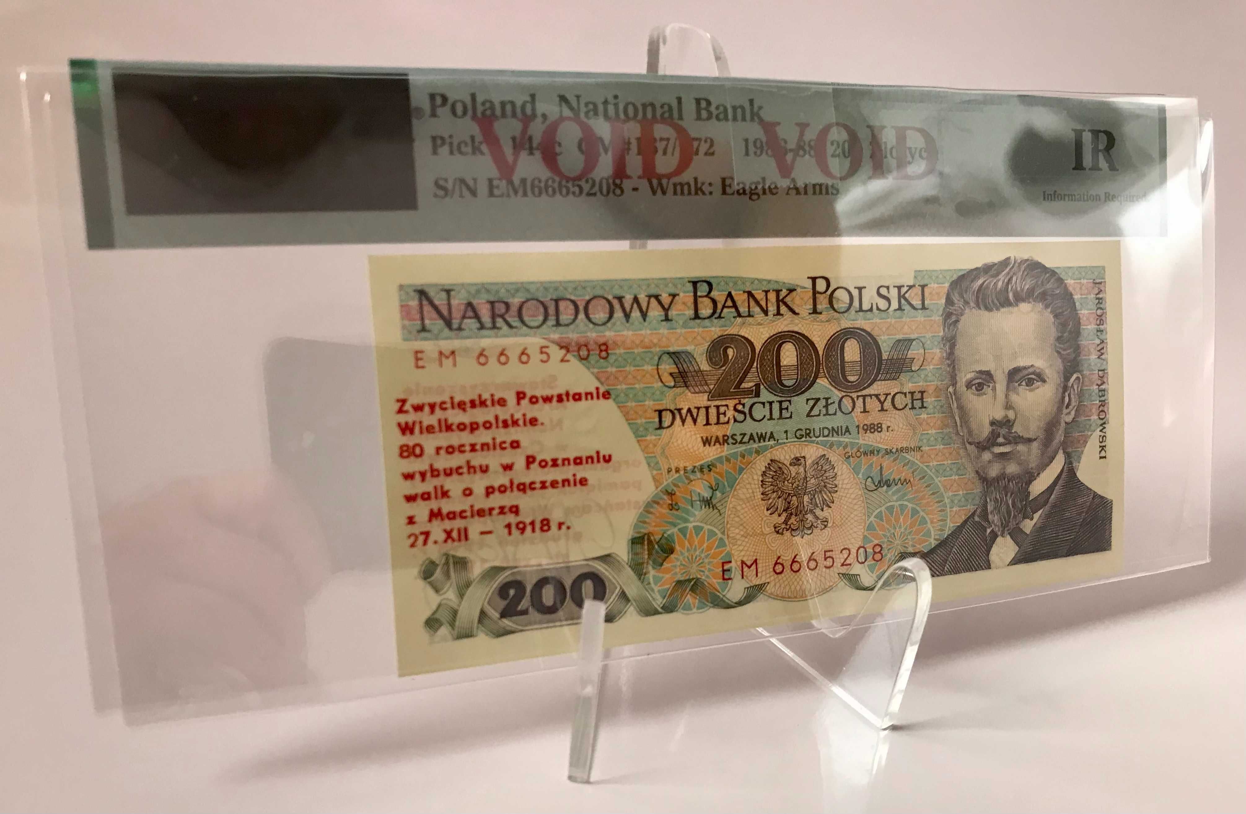 Banknot 200 zł z nadrukiem Powstanie Wielkop. 1988 rok, PMG VOID - UNC