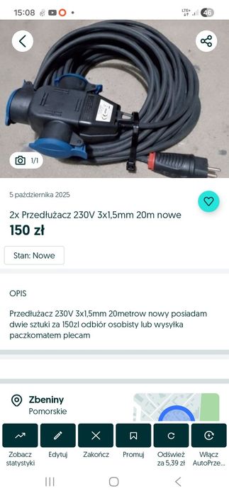 2x Przedłużacz 230V 3x1,5mm 20metrow nowe