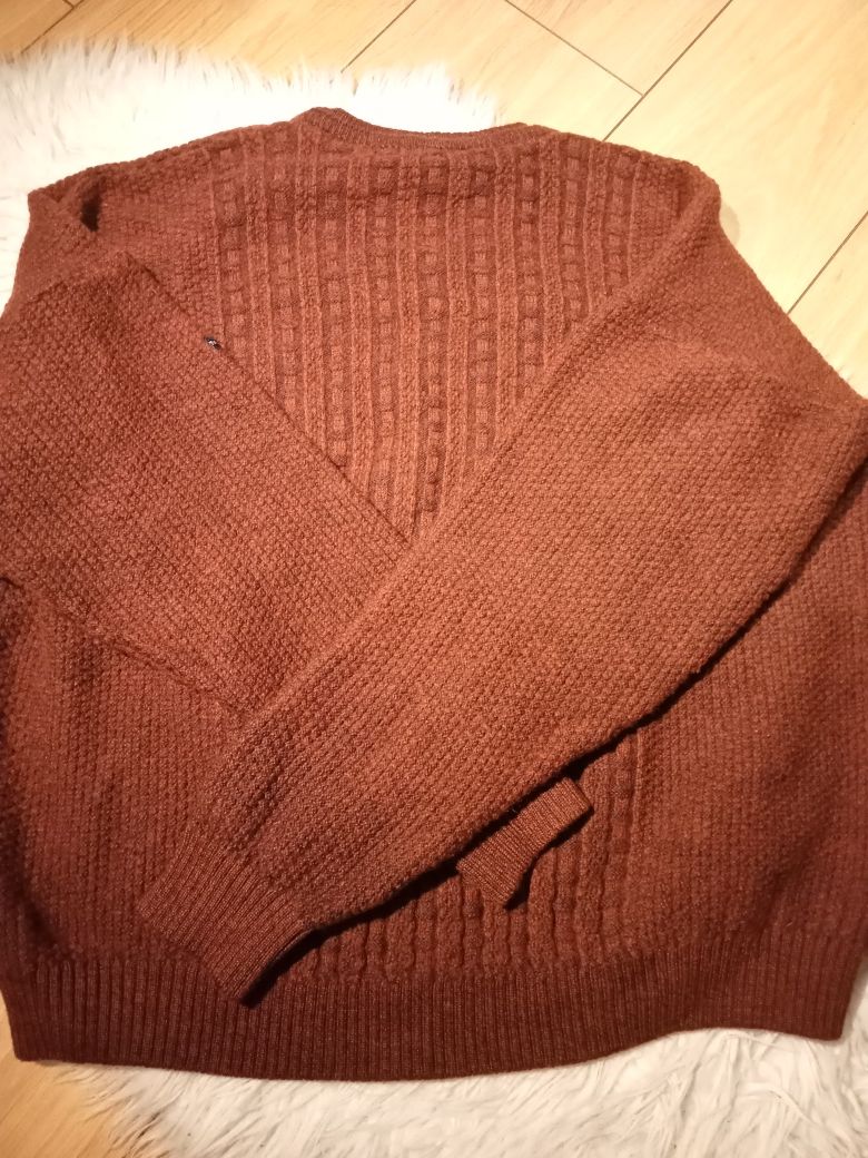 Sweter wełniany 50% wełna pleciony warkocze XL