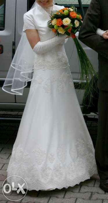 Piękna suknia ślubna z dodatkami, ecru, rozm. 34, 36