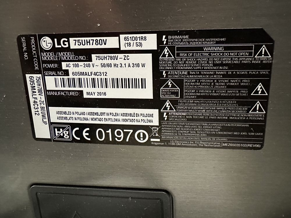 LG de 75” modelo 75UH780V UHD 4K IPS HDR ecrã partido